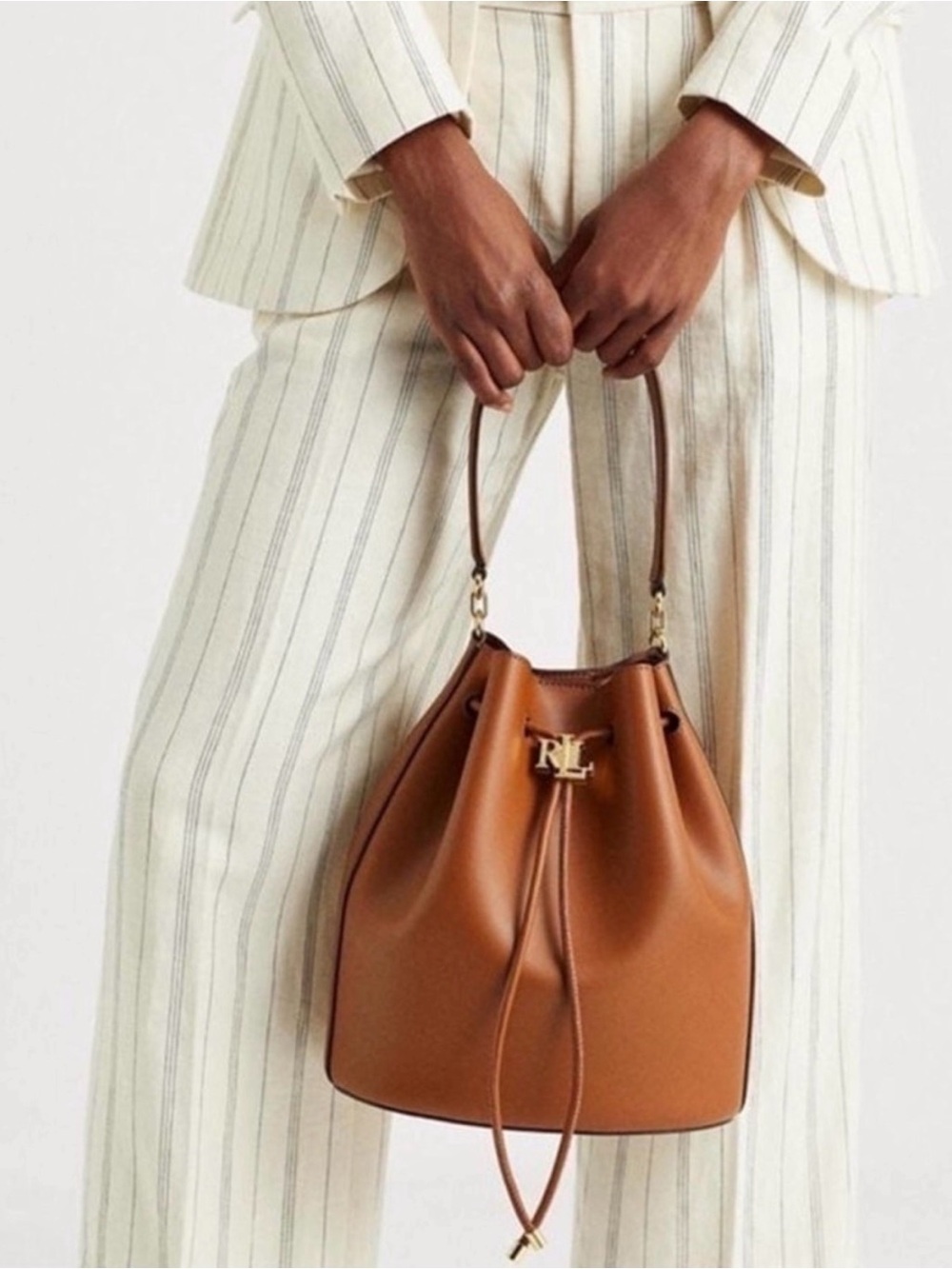 Lauren Ralph Lauren Brown Small Bucket Drawstring Magnetic Bag Gold Logo Strap - Picture 3 of 8